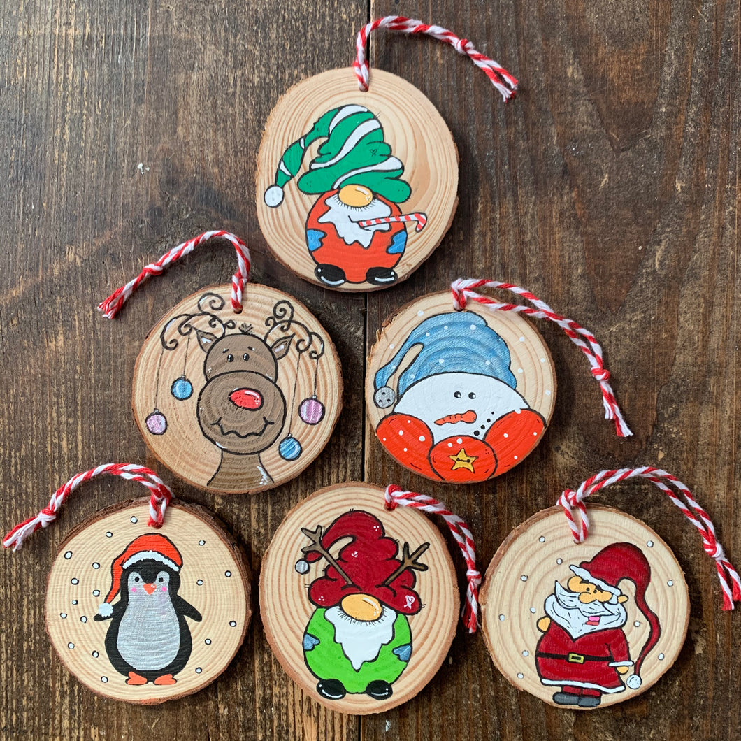 Hand painted wooden set of 6 Christmas decorations